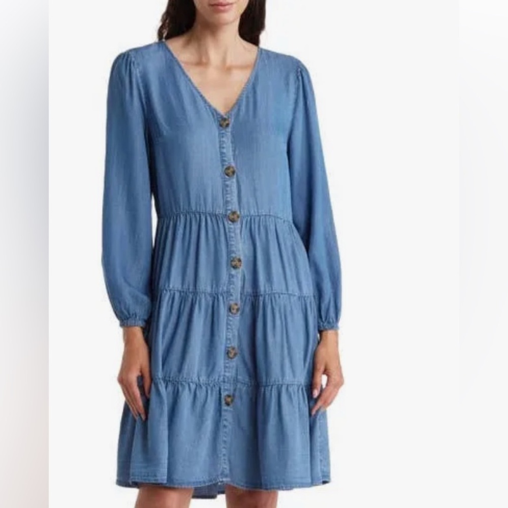Casa Cabana Blue Long Sleeve V Neck Tiered Chambray SZ XS